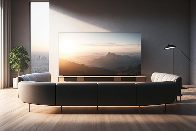 Un salon avec une télé au mur et un canapé avec vue sur les montagnes en arrière-plan.