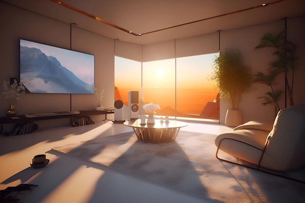 Un salon avec une télé au mur et un coucher de soleil en arrière-plan.