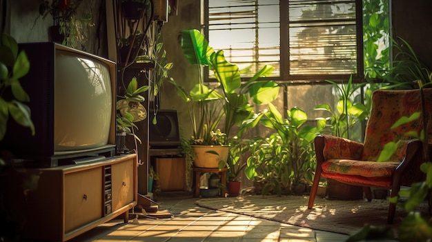 Un salon avec une télé et une plante à la fenêtre