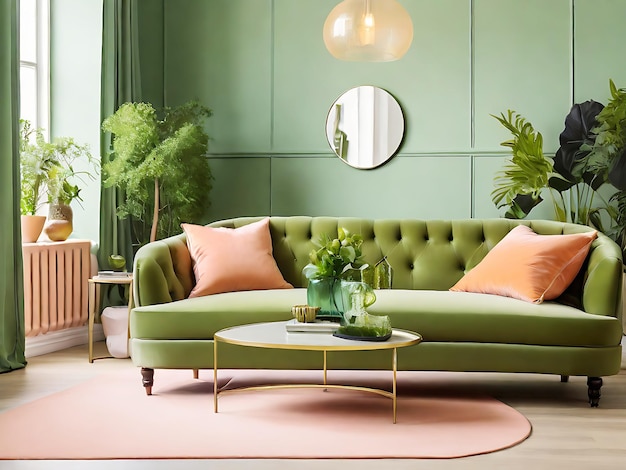 Salon vert avec canapé en velours de couleur pêche design d'intérieur élégant