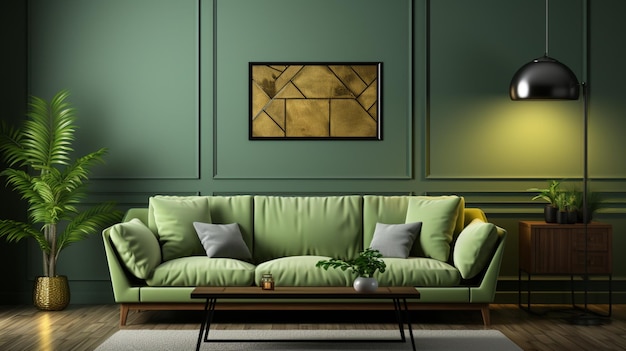 Un salon vert avec un canapé vert et deux tableaux au mur