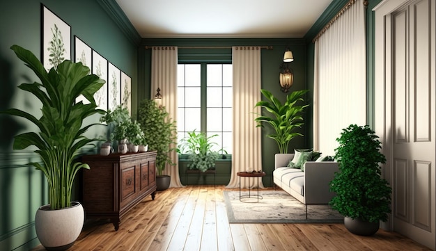 Le salon vide est décoré de plantes en pot, de murs verts et de parquet AI générative