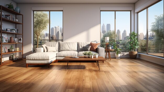 Salon vide avec plancher de bois dur dans un appartement moderne