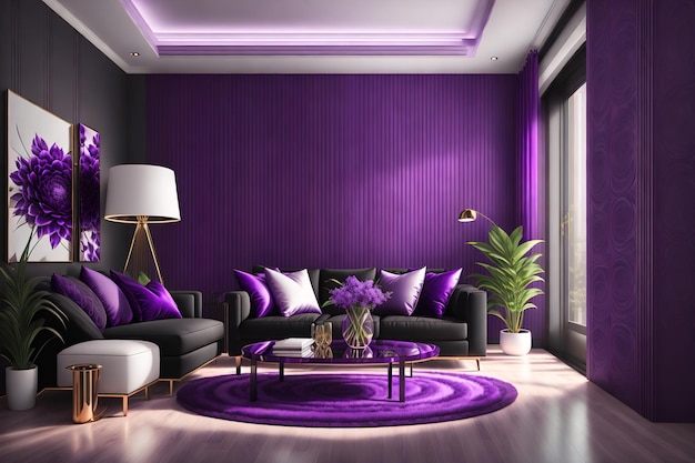 Salon violet avec un canapé noir et des oreillers violets.