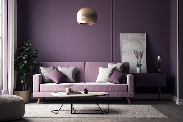 Un salon violet avec un canapé violet et une lampe dorée.