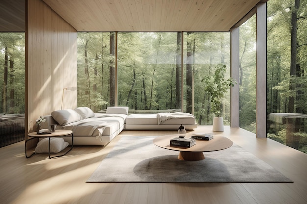 Un salon avec vue sur la forêt