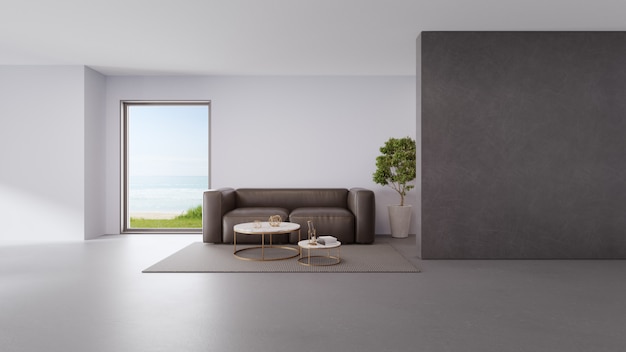 Salon vue mer de la maison de plage d'été de luxe avec fenêtre en verre et sol gris.