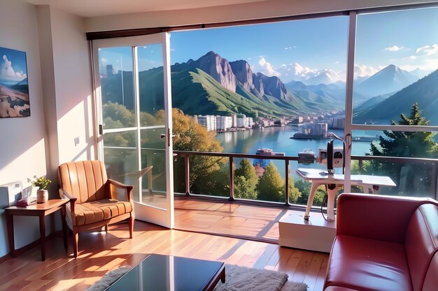 Photo un salon avec vue sur une montagne et un lac.