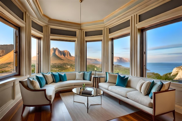 Un salon avec vue sur les montagnes et l'océan.