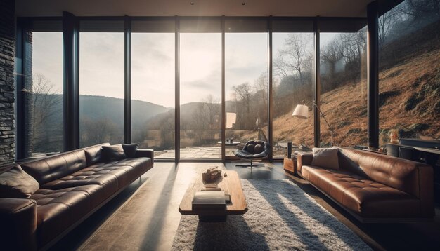 Un salon avec vue sur les montagnes