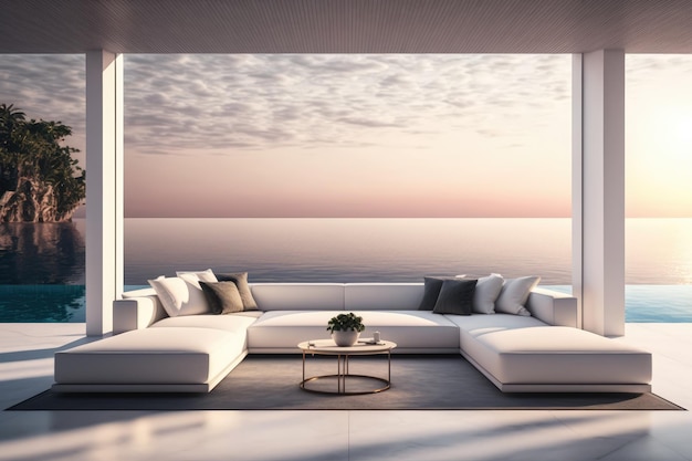 Un salon avec vue sur l'océan et un coucher de soleil au mur