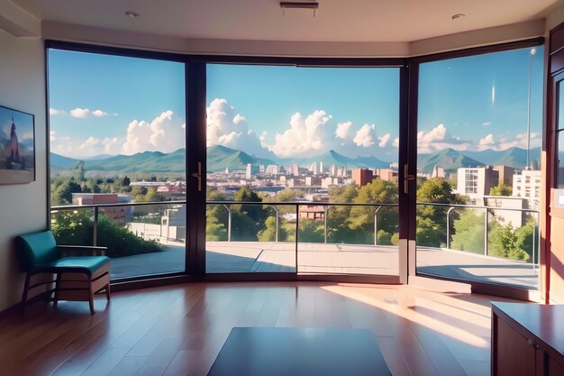 Un salon avec vue sur une ville et des montagnes