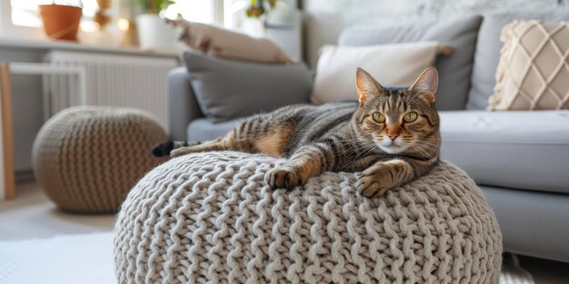 Des salons à la mode pour chats sur des poufs tricotés améliorant le salon d'inspiration scandinave