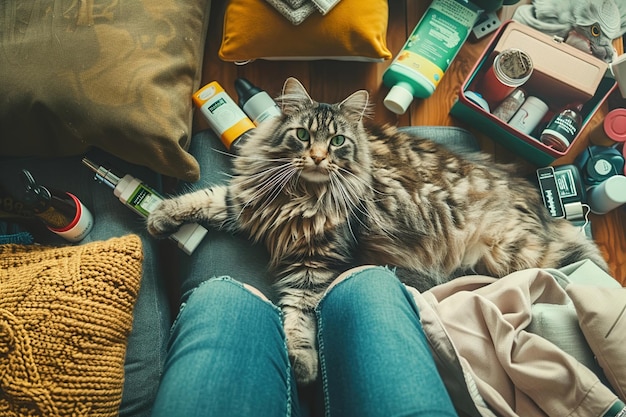 Des salons pour chats à côté de son propriétaire entourés d'articles essentiels de soins pour animaux de compagnie illustrant le lien réconfortant