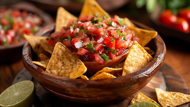 Salsa de tomate avec chips de tortilla bol rustique cuisine latino-américaine Cinco de Mayo généré par l'IA