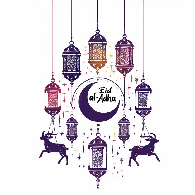 Photo un salut coloré de l'aïd al-adha avec des lanternes détaillées et des accents étoilés mettant en vedette une chèvre sautante