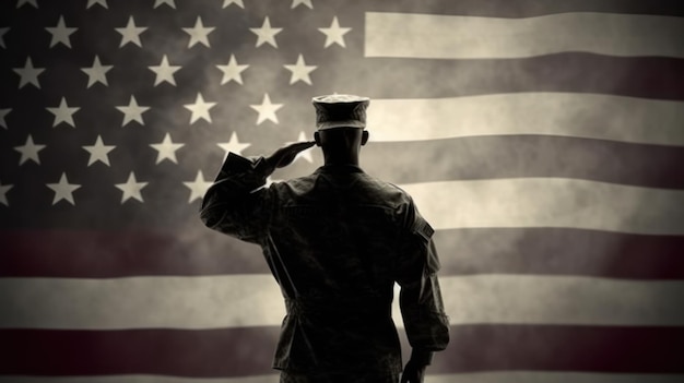Salut de soldat avec drapeau américain sur fond