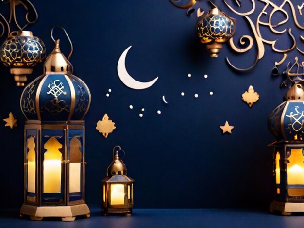 Salutation de l'Aïd al-Fitr avec des lanternes sur bleu foncé