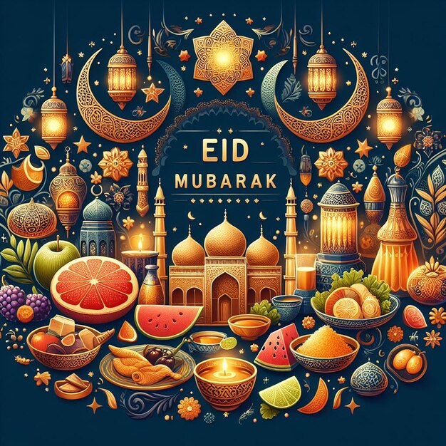 Photo salutation de fête d'eid mubarak avec des motifs arabes complexes