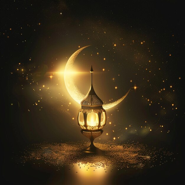 salutation de la fête islamique de l'Eid avec une lampe et de la lune