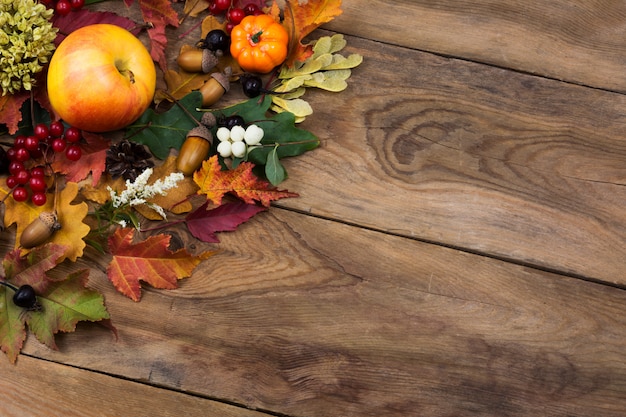 Salutation rustique d'automne avec des feuilles, des pommes et des baies, espace copie