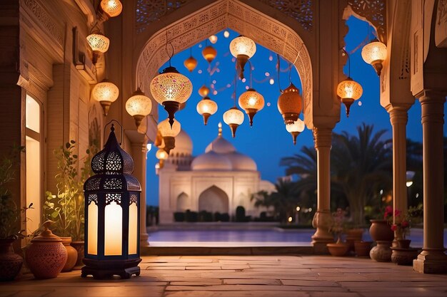 Salutations du Ramadan avec une lanterne et une mosquée