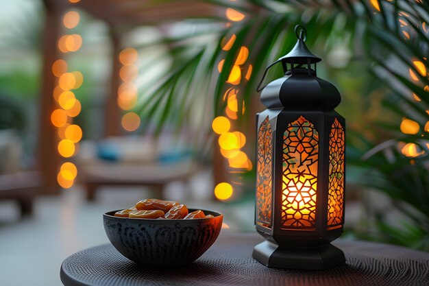 Photo salutations du ramadan mubarak avec des lanternes et des dattes