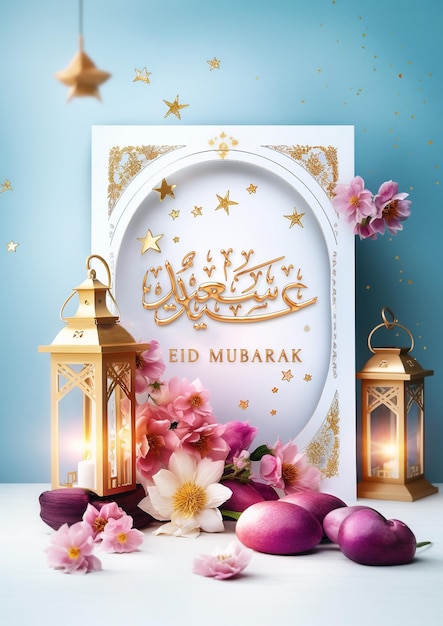 Photo salutations islamiques eid mubarak ou conception de cartes happy eid avec des fleurs et des dates de bougies de lanterne d'or