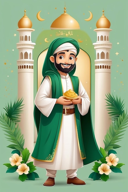 Salutations pour l'Aïd al-Adha Personnage de dessin animé sur fond vert, doré et blanc