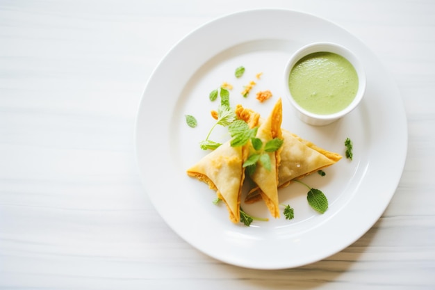 Samosas avec du chutney à la menthe sur un plat blanc