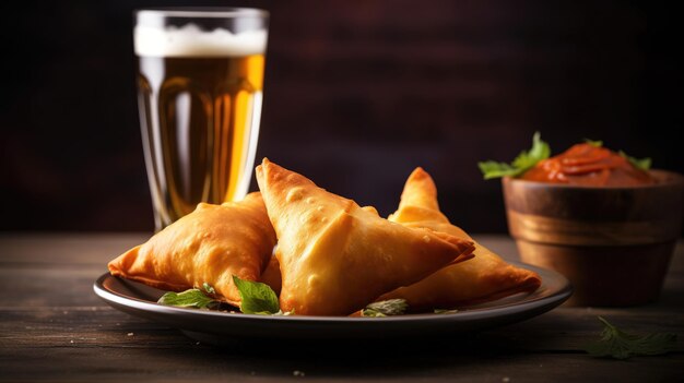 Samosas et un verre de bière sur une table