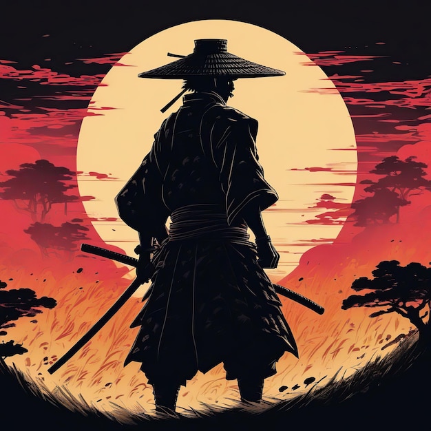 Un samouraï dans la forêt avec une lune pleine la nuit