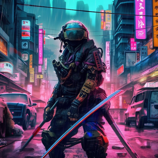 Samouraï dans la future scène néo tokyo cyberpunk IA générative