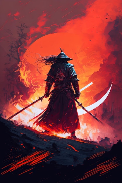 Un samouraï dans un masque rouge démoniaque sur le champ de bataille fait un swing avec un katana créant un anneau de feu grésillant autour de lui est une illustration martiale mystique peinture AI générative