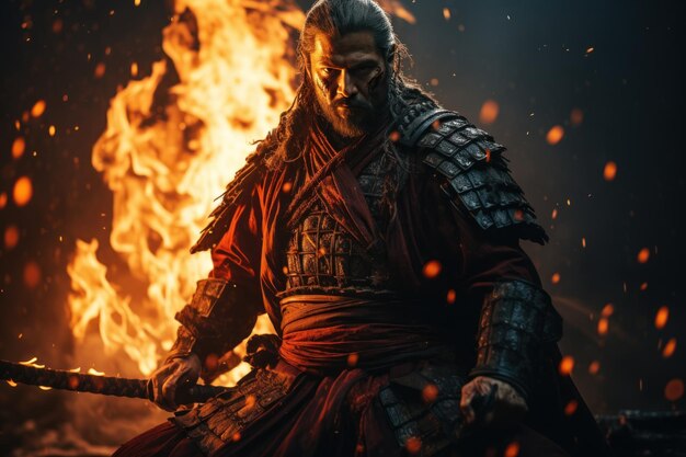 un samouraï debout avec un katana et un feu d'artifice réaliste à objectif grand angle