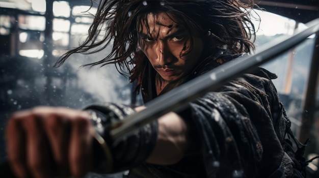 Photo un samouraï avec une épée avec un regard menaçant