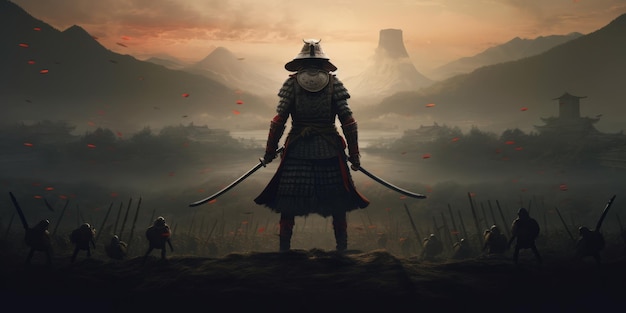 Un samouraï avec un katana est prêt à se battre contre une immense armée
