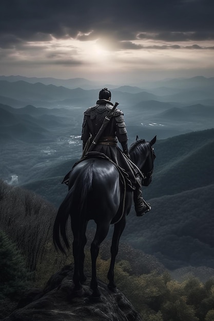 Samouraï noir à cheval dans la montagne ai générative