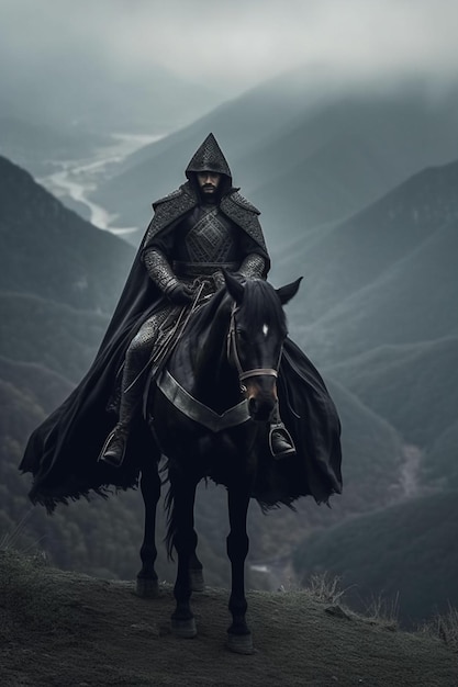 Samouraï noir à cheval dans la montagne ai générative