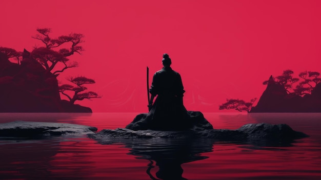 un samouraï se tient dans l'eau, entouré d'un ciel rose. la photo présente une palette de couleurs gris foncé et cramoisi, créant une expérience visuelle immersive et riche. avec sa résolution 8k, l'image