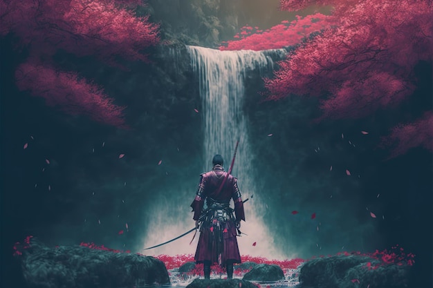 Un samouraï se tient près d'une cascade