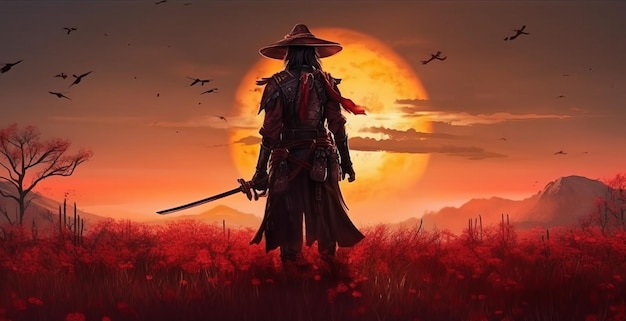 Samouraï Shogun debout devant un beau coucher de soleil