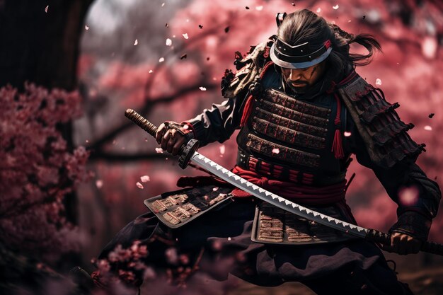 Photo des samouraïs japonais s'entraînant à l'épée parmi les sakura au printemps