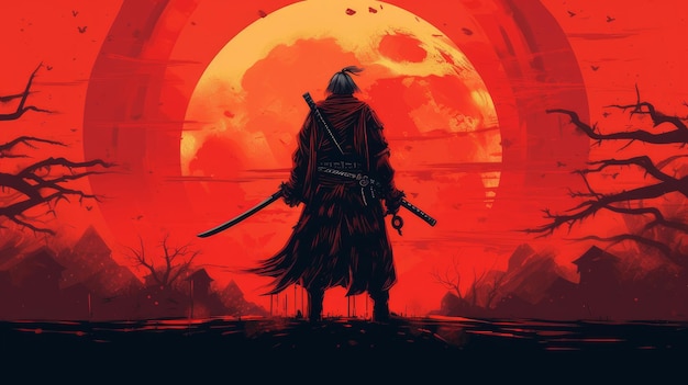 Samurai après l'apocalypse au coucher du soleil