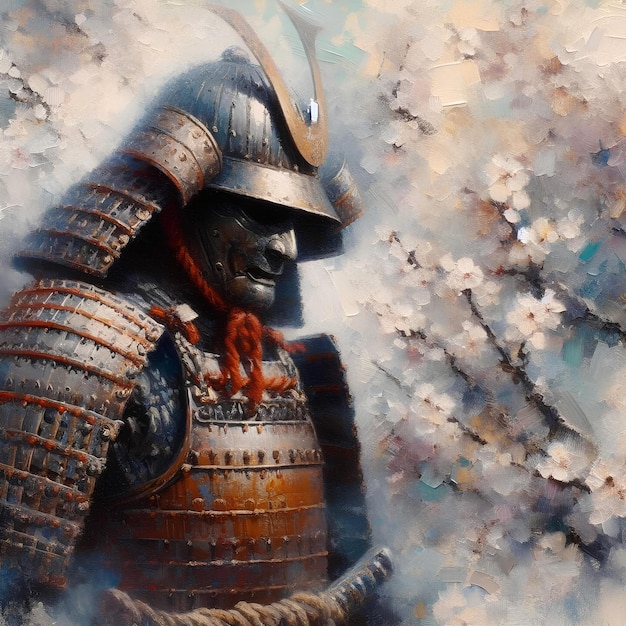 Samurai et feuilles de cerise dans le style impressionniste