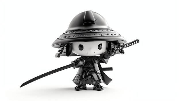 Un samurai mignon est représenté en 3D. Le samurai porte un casque et une armure traditionnels et tient un katana.