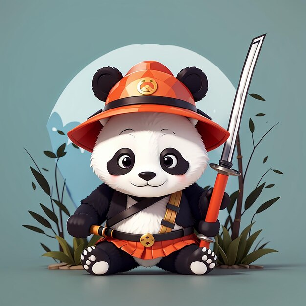 Le samurai panda mignon avec l'épée katana, l'icône vectorielle du dessin animé, l'illustration de l'animal, les vacances, l'appartement isolé.