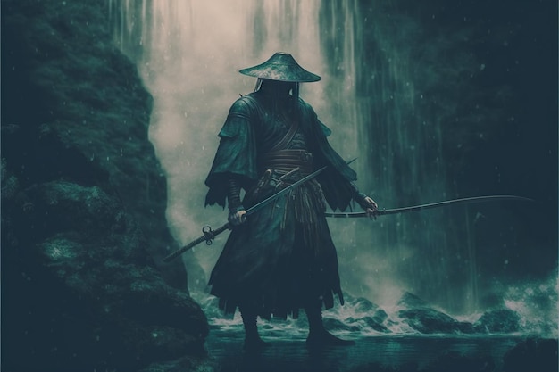 Samurai se tient près de la cascade Samurai debout dans le jardin de la cascade avec des épées au sol Peinture d'illustration de style d'art numérique