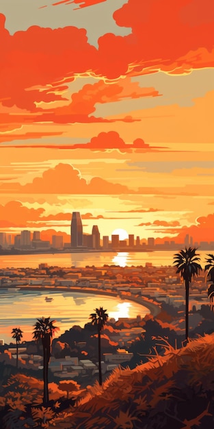 San Diego Sunset Skyline Vibrant Martin Ansin Style Peinture