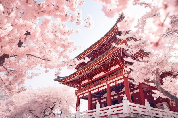 Sanctuaire de l'architecture japonaise traditionnelle à tokyo au japon avec sakura et arbre pendant la saison du printemps AI